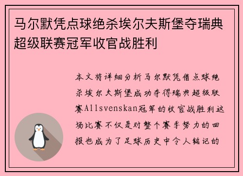 马尔默凭点球绝杀埃尔夫斯堡夺瑞典超级联赛冠军收官战胜利
